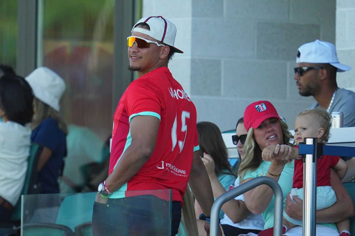 Jun 9, 2024; Kansas City, Missouri, USA; Kansas City Chiefs Quarterback Patrick Mahomes reacts in the first half between Kansas City Current and Seattle Reign FC at CPKC Stadium. Mandatory Credit: Jay Biggerstaff-USA TODAY Sports