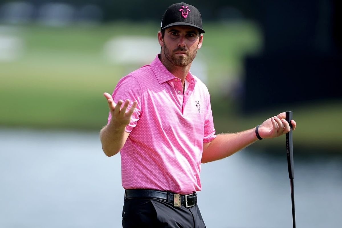 Jun 9, 2024; Houston, Texas, USA; Matthew Wolff of RangeGoats Golf Club reacts after putting on the 18th hole during the final round of the LIV Golf Houston golf tournament at Golf Club of Houston. Mandatory Credit: Erik Williams-Imagn Images