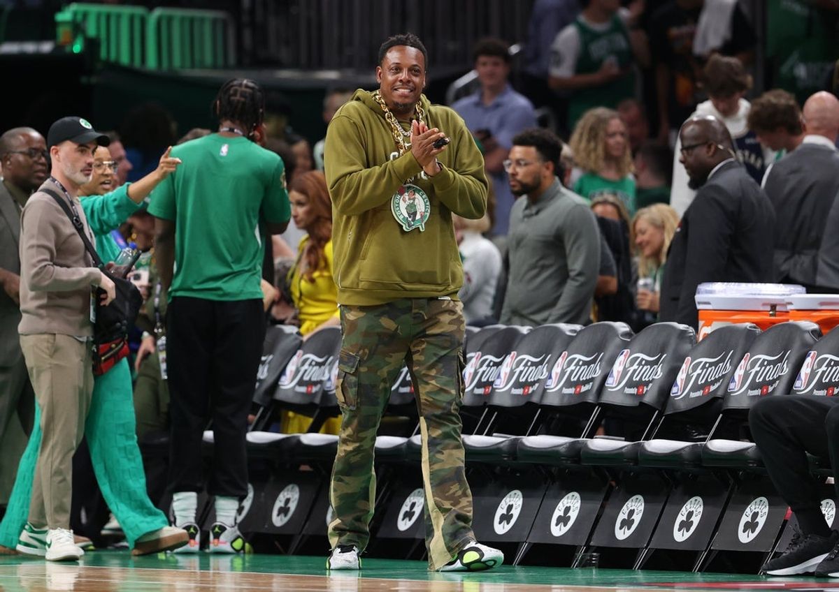 Jun 9, 2024; Boston, Massachusetts, USA; Boston Celtics former player Paul Pierce walks onto the court before game two of the 2024 NBA Finals between the Boston Celtics and the Dallas Mavericks at TD Garden. Mandatory Credit: Peter Casey-Imagn Images