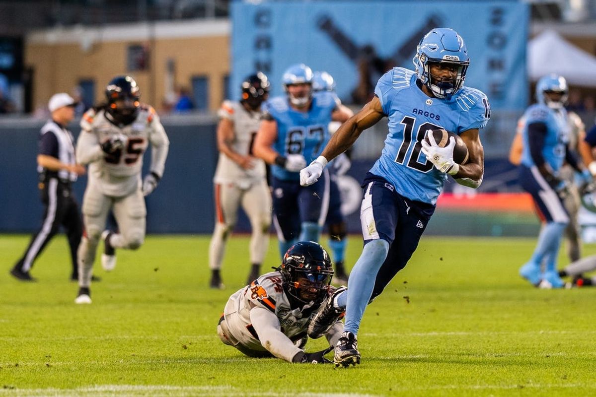Jun 9, 2024; Toronto, Ontario, CAN; Toronto Argonauts wide receiver Dejon Brissett (18) runs the ball against the BC Lions at BMO Field. Mandatory Credit: Kevin Sousa-USA TODAY Sports