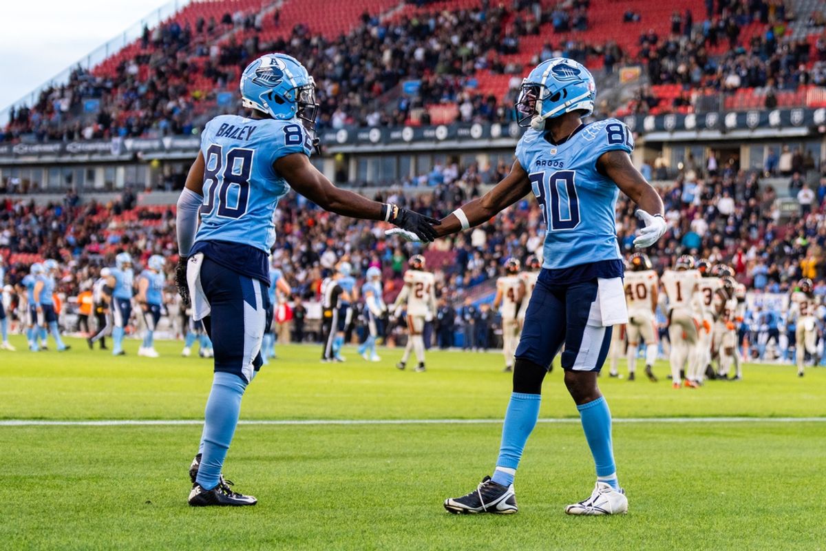 Jun 9, 2024; Toronto, Ontario, CAN; Toronto Argonauts wide receiver Rasheed Bailey (88) celebrates his touchdown against the BC Lions with teammate wide receiver DaVaris Daniels (80) at BMO Field. Mandatory Credit: Kevin Sousa-Imagn Images