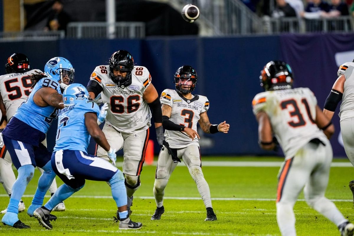 Jun 9, 2024; Toronto, Ontario, CAN; BC Lions quarterback Vernon Adams Jr. (3) throws a pass against the Toronto Argonauts at BMO Field. Mandatory Credit: Kevin Sousa-USA TODAY Sports