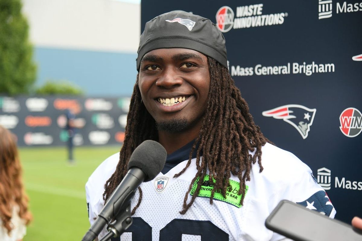 Jun 10, 2024; Foxborough, MA, USA;  New England Patriots running back Rhamondre Stevenson (38) holds a press conference after minicamp at Gillette Stadium. Mandatory Credit: Eric Canha-USA TODAY Sports