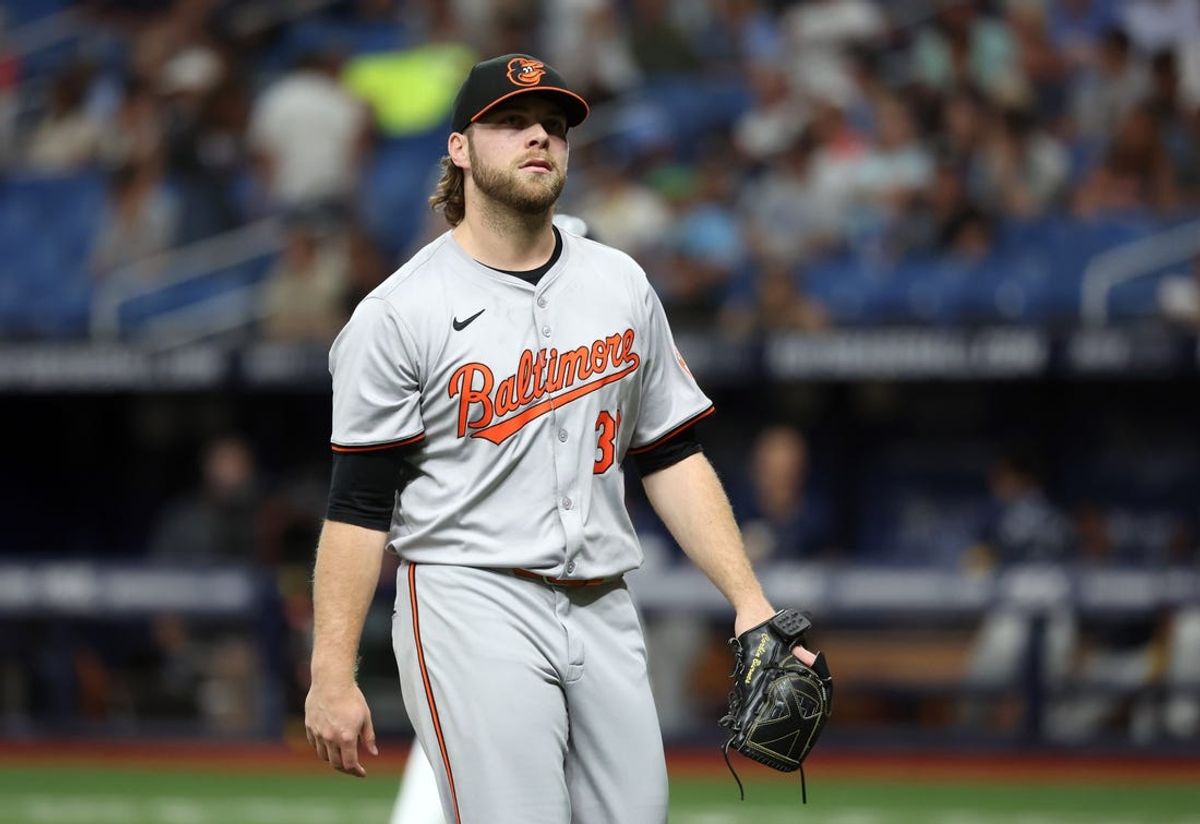 Jun 10, 2024; St. Petersburg, Florida, USA;  Baltimore Orioles pitcher Corbin Burnes (39) walks back to the dugout against the Tampa Bay Rays at the end of the first inning at Tropicana Field. Mandatory Credit: Kim Klement Neitzel-USA TODAY Sports