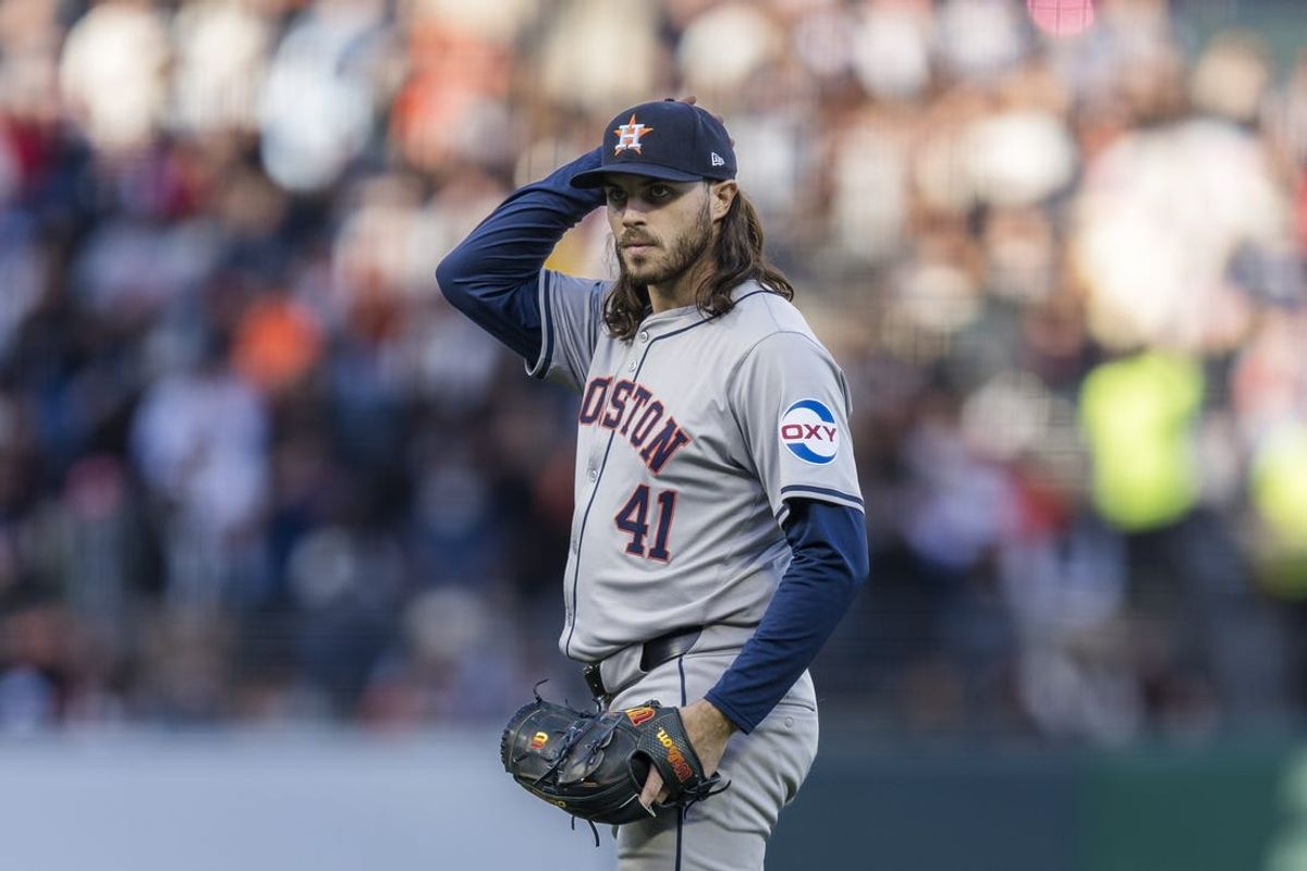 Jun 10, 2024; San Francisco, California, USA; Houston Astros starting pitcher Spencer Arrighetti (41) prepares to throw against the San Francisco Giants during the first inning at Oracle Park. Mandatory Credit: John Hefti-USA TODAY Sports