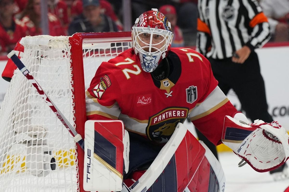 Jun 10, 2024; Sunrise, Florida, USA; Florida Panthers goaltender Sergei Bobrovsky (72) watches play during the third period against the Edmonton Oilers in game two of the 2024 Stanley Cup Final at Amerant Bank Arena. Mandatory Credit: Jim Rassol-USA TODAY Sports