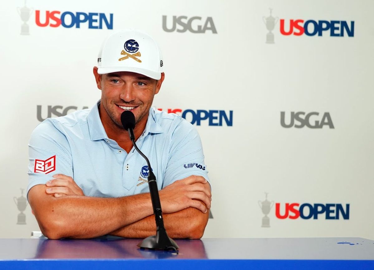 Jun 11, 2024; Pinehurst, North Carolina, USA; Bryson DeChambeau speaks to the media during a press conference at the U.S. Open golf tournament at Pinehurst No. 2. Mandatory Credit: John David Mercer-USA TODAY Sports
