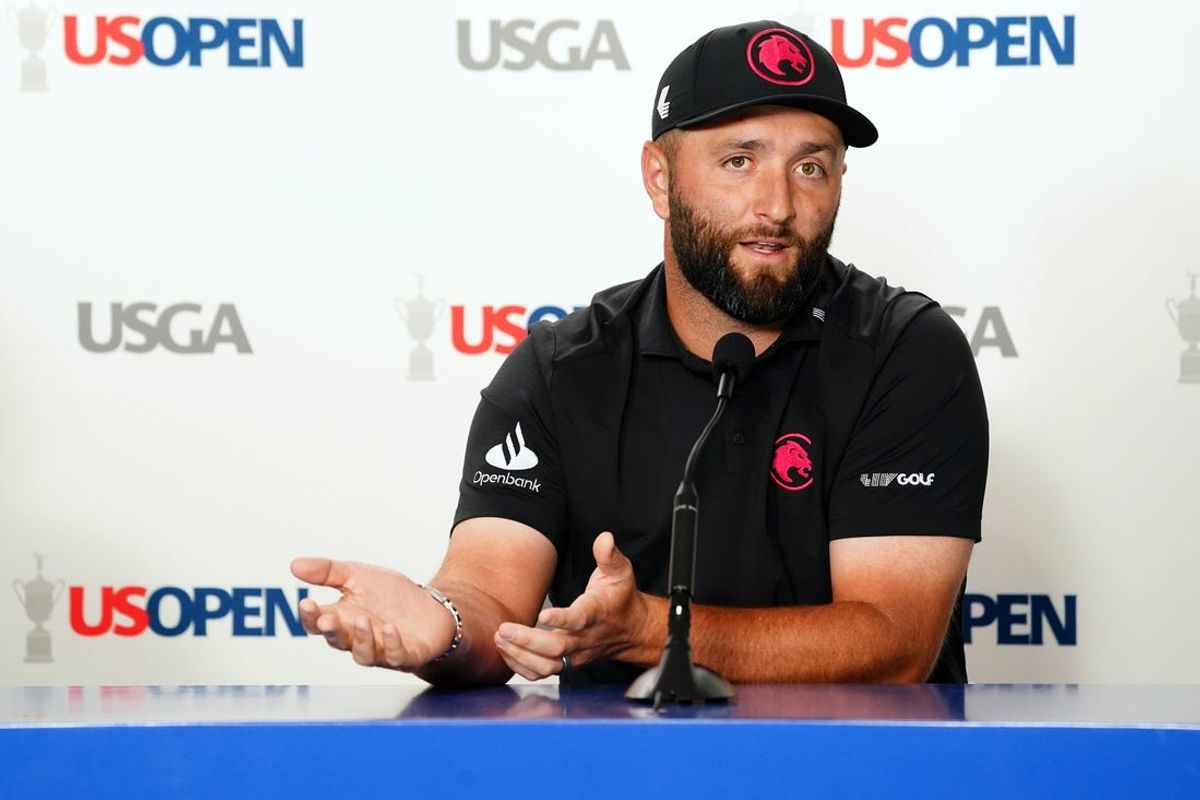 Jun 11, 2024; Pinehurst, North Carolina, USA; Jon Rahm speaks to the media during a press conference at the U.S. Open golf tournament at Pinehurst No. 2. Mandatory Credit: John David Mercer-USA TODAY Sports