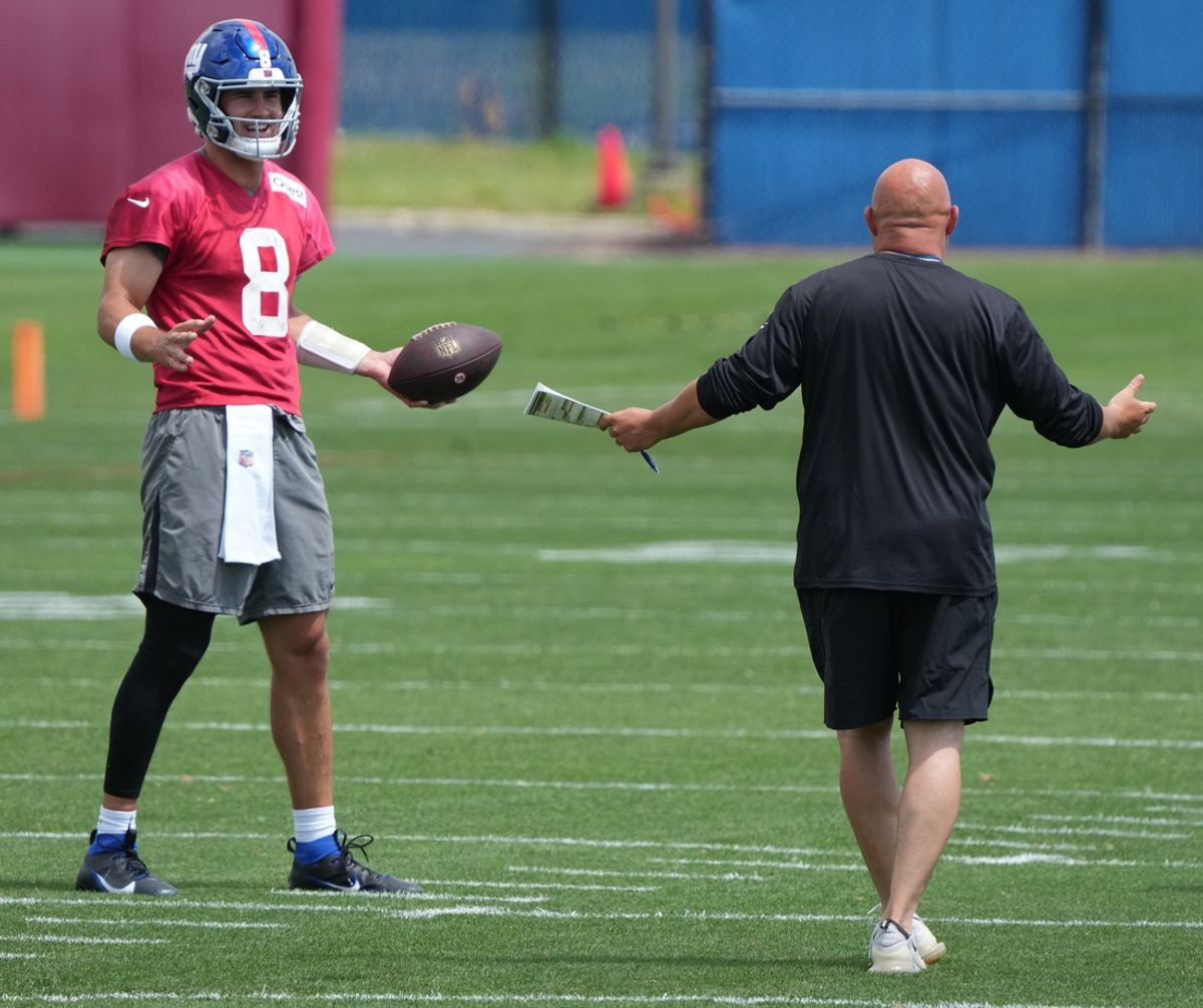 Daniel Jones and head coach Brian Daboll at the NY Giants Mandatory Minicamp at their practice facility in East Rutherford, NJ.