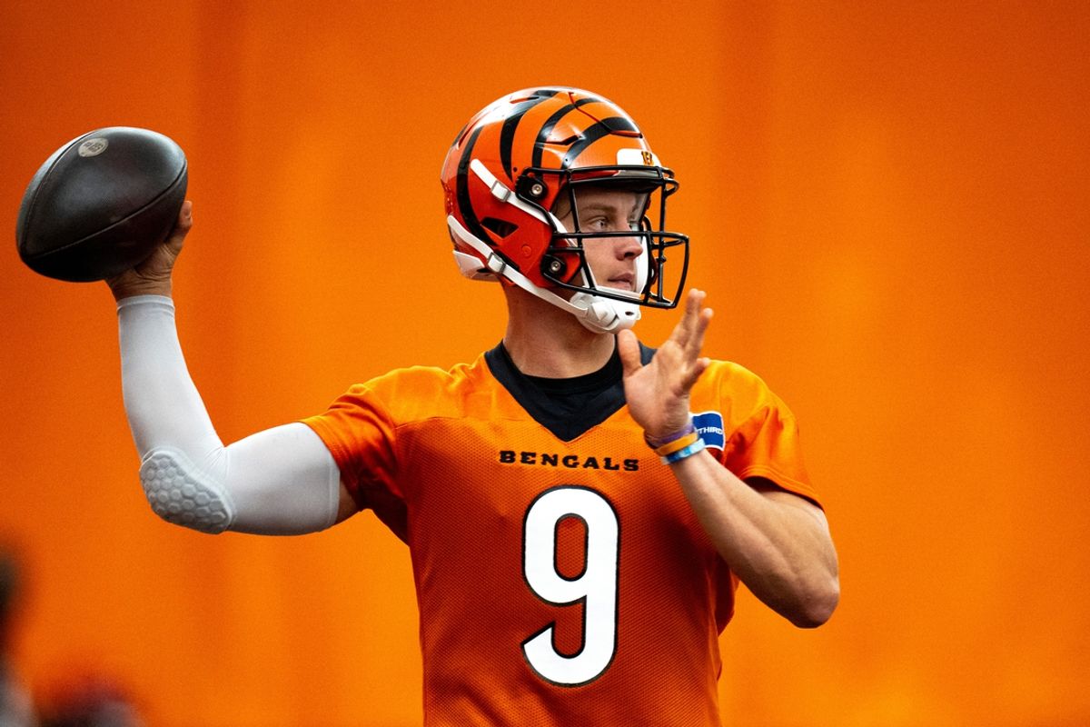 Cincinnati Bengals quarterback Joe Burrow (9) throws a pass at Bengals spring practice at the IEL Indoor Facility in Cincinnati on Tuesday, June 11, 2024.