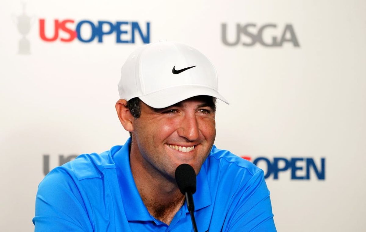Jun 11, 2024; Pinehurst, North Carolina, USA; Scottie Scheffler speaks to the media during a press conference at the U.S. Open golf tournament at Pinehurst No. 2. Mandatory Credit: John David Mercer-USA TODAY Sports