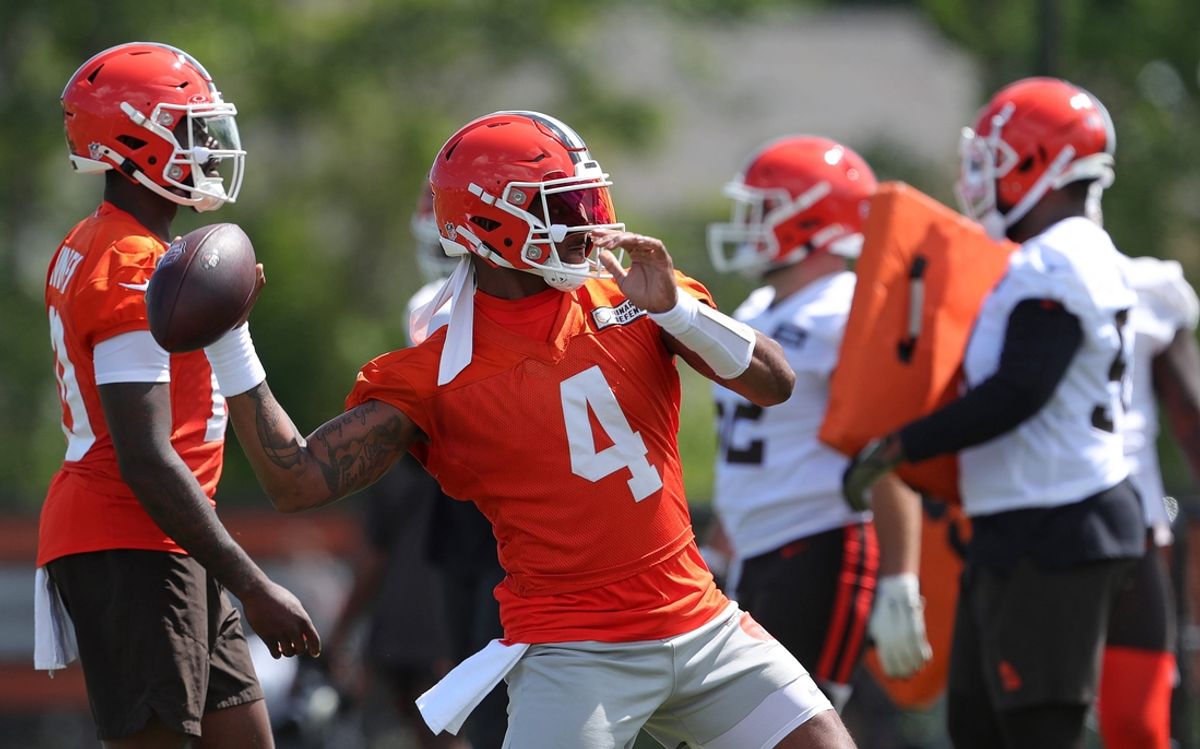 Browns quarterback Deshaun Watson throws during minicamp, Tuesday, June 11, 2024, in Berea.