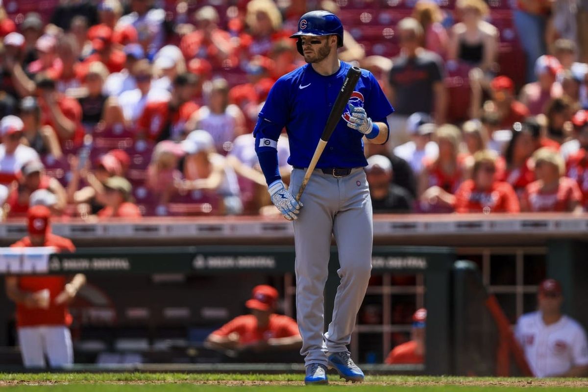 Jun 9, 2024; Cincinnati, Ohio, USA; Chicago Cubs outfielder Ian Happ (8) at bat in the seventh inning against the Cincinnati Reds at Great American Ball Park. Mandatory Credit: Katie Stratman-USA TODAY Sports