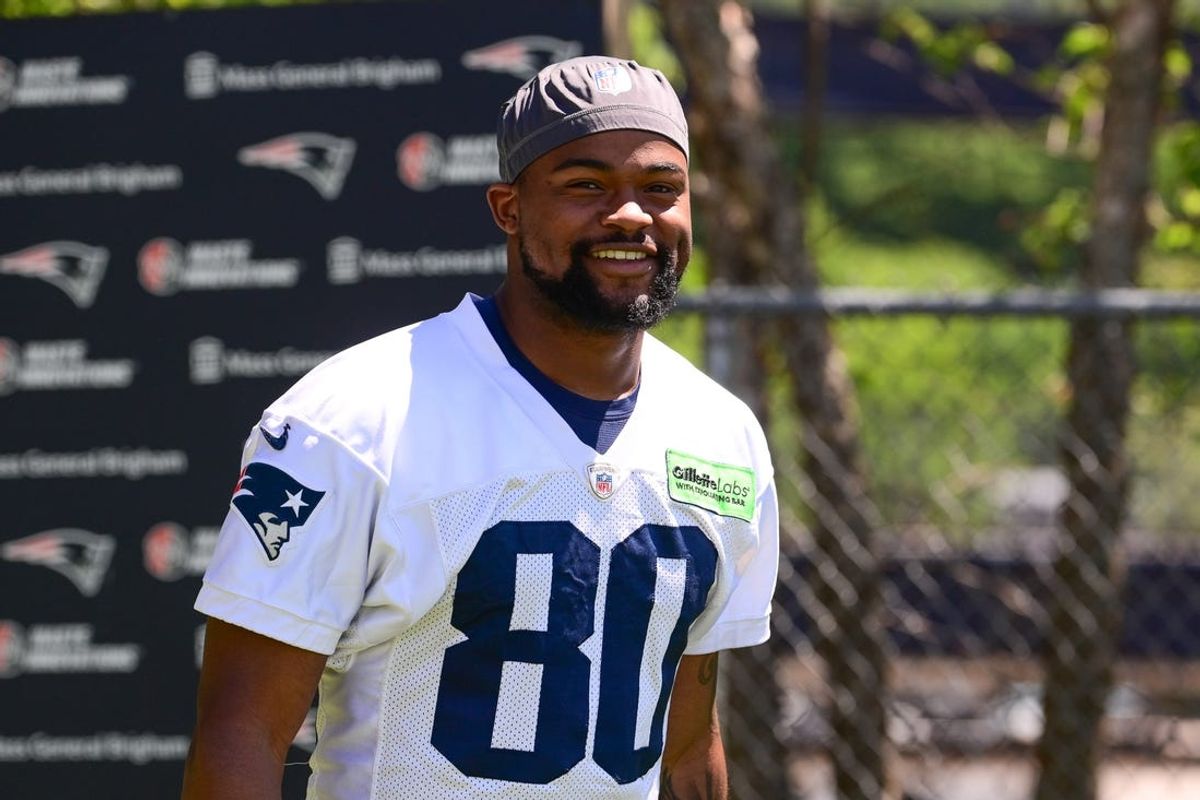 Jun 10, 2024; Foxborough, MA, USA; New England Patriots wide receiver Kayshon Boutte (80) walks to the practice fields for minicamp at Gillette Stadium. Mandatory Credit: Eric Canha-USA TODAY Sports