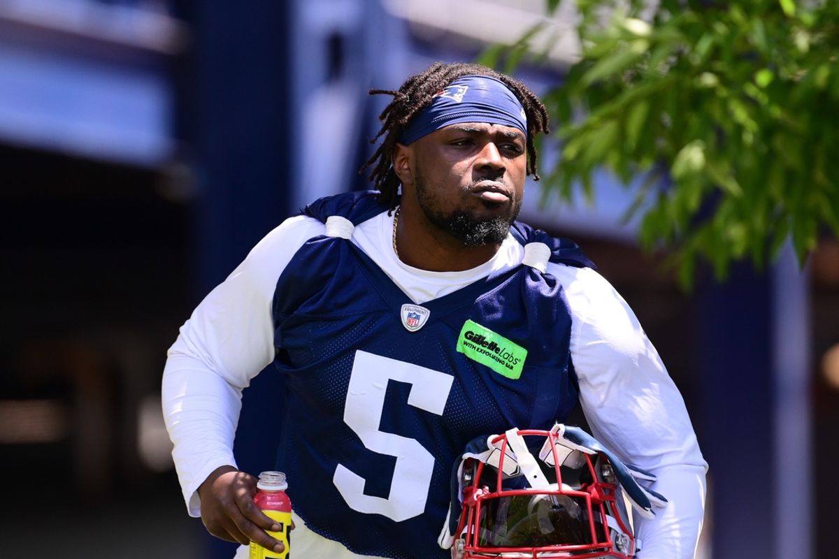 Jun 10, 2024; Foxborough, MA, USA; New England Patriots safety Jabrill Peppers (5) walks to the practice fields for minicamp at Gillette Stadium. Mandatory Credit: Eric Canha-USA TODAY Sports