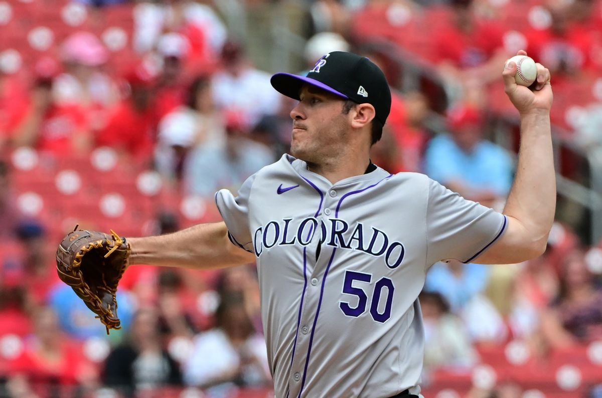 Jun 9, 2024; St. Louis, Missouri, USA; Colorado Rockies pitcher Ty Blach (50) pitches against the St. Louis Cardinals in the first inning at Busch Stadium. Mandatory Credit: Tim Vizer-USA TODAY Sports