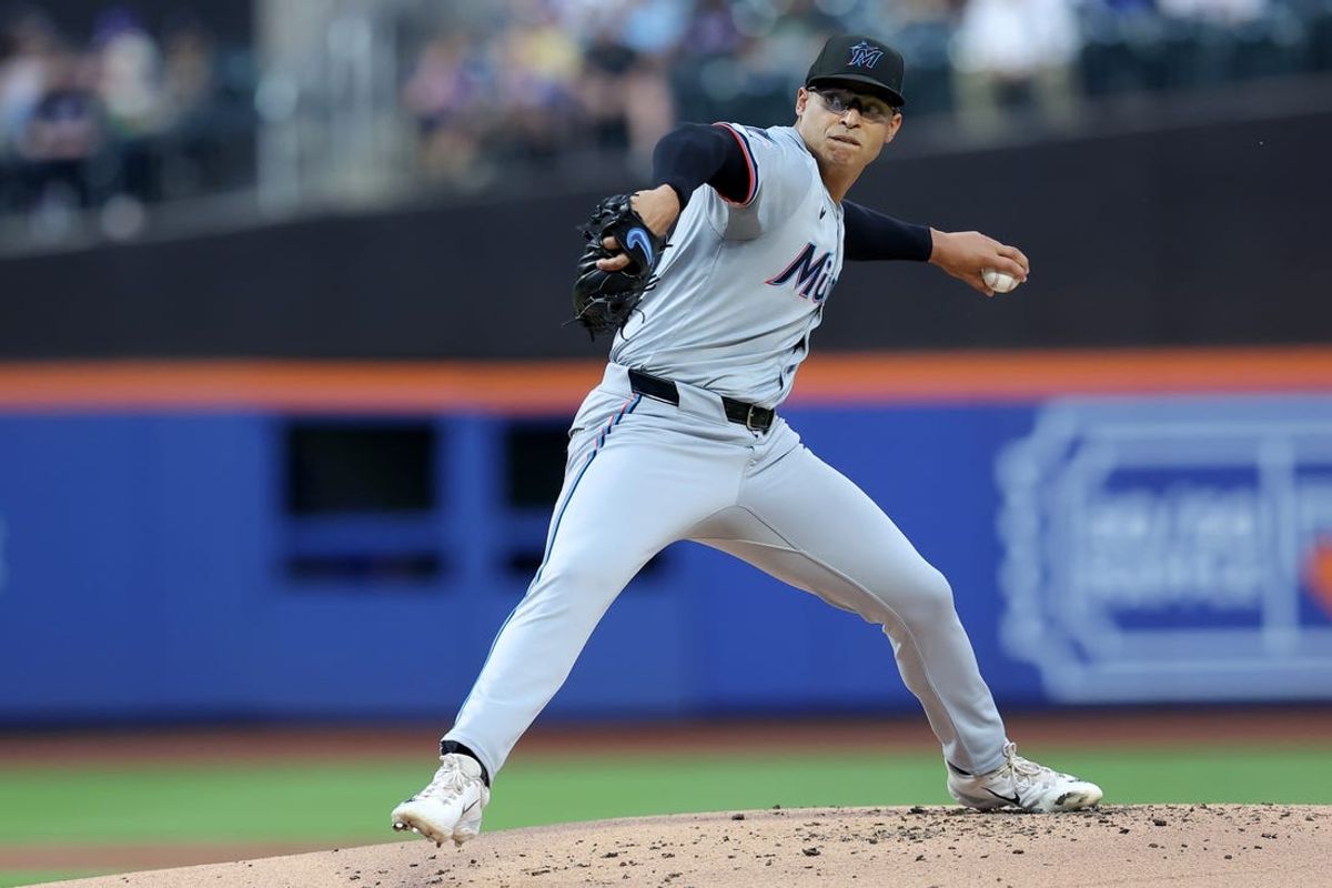 Jun 11, 2024; New York City, New York, USA; Miami Marlins starting pitcher Jesus Luzardo (44) pitches against the New York Mets during the first inning at Citi Field. Mandatory Credit: Brad Penner-USA TODAY Sports