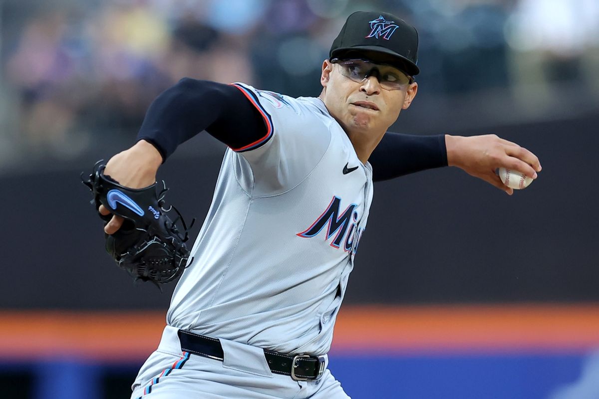 Jun 11, 2024; New York City, New York, USA; Miami Marlins starting pitcher Jesus Luzardo (44) pitches against the New York Mets during the first inning at Citi Field. Mandatory Credit: Brad Penner-USA TODAY Sports