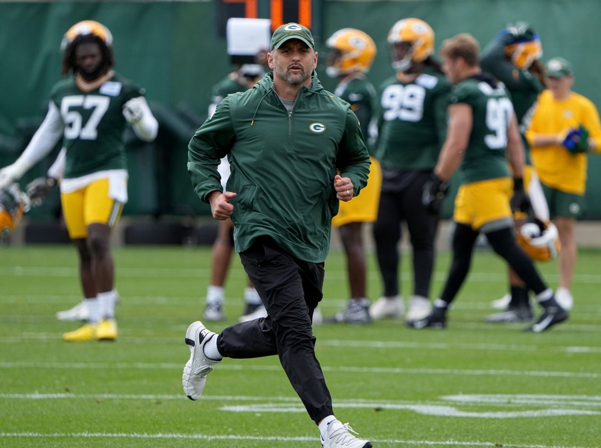 Jun 11, 2024; Green Bay, WI, USA; Green Bay Packers linebackers and running game coordinator Anthony Campanile runs during minicamp. Mandatory Credit: Mark Hoffman-Imagn Images