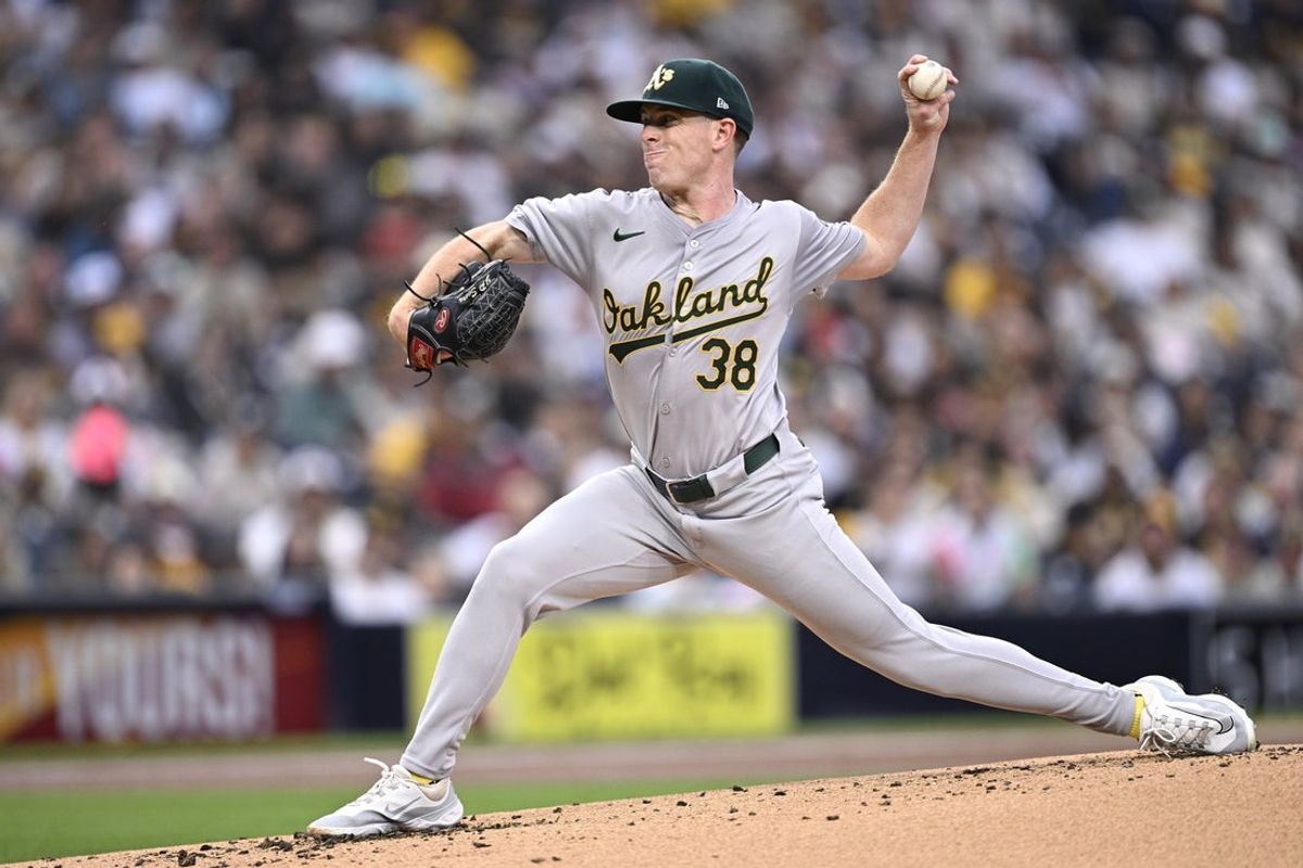 Jun 11, 2024; San Diego, California, USA; Oakland Athletics starting pitcher JP Sears (38) pitches against the San Diego Padres during the first inning at Petco Park. Mandatory Credit: Orlando Ramirez-Imagn Images