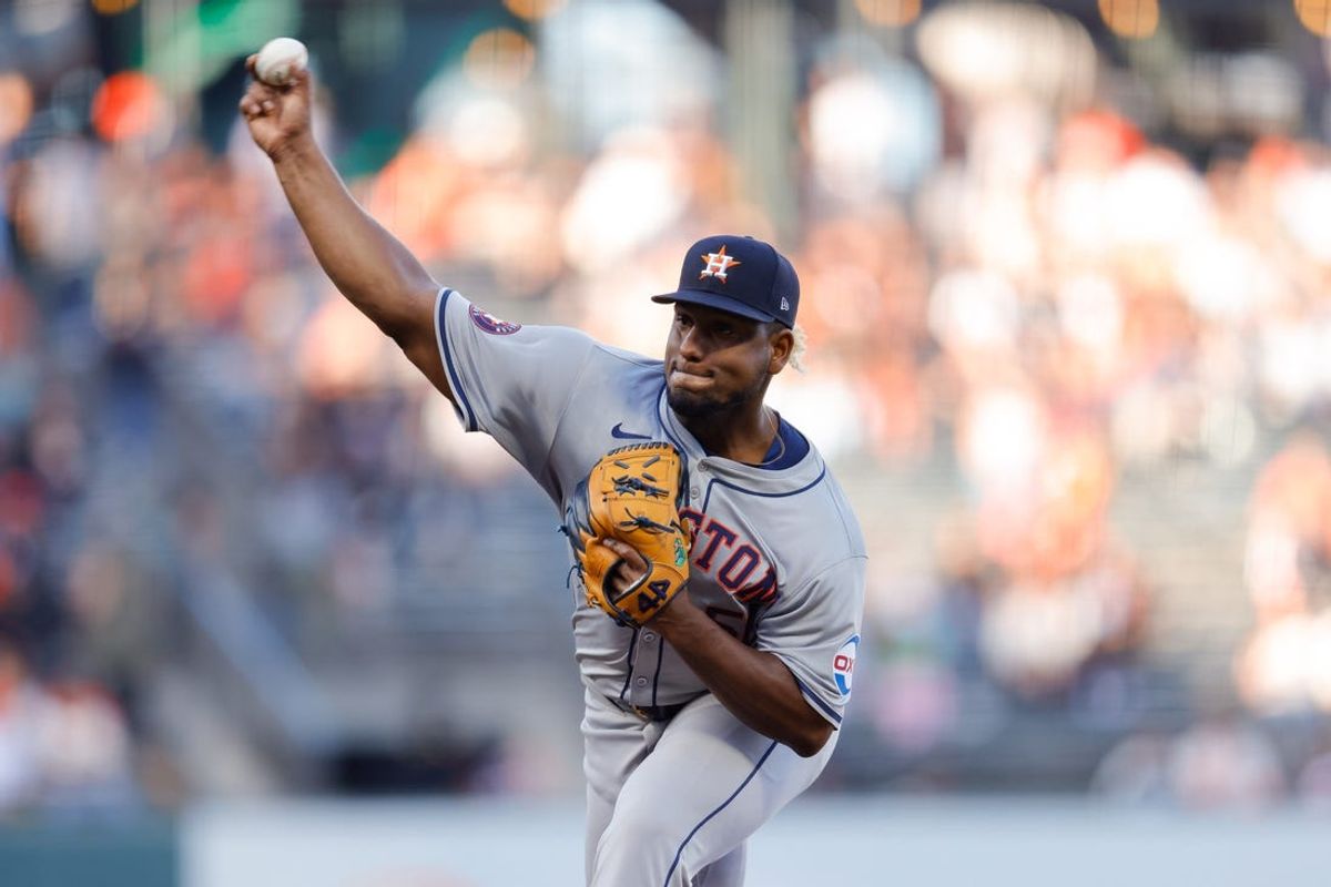 Jun 11, 2024; San Francisco, California, USA; Houston Astros pitcher Ronel Blanco (56) throws a pitch during the first inning against the San Francisco Giants at Oracle Park. Mandatory Credit: Sergio Estrada-USA TODAY Sports