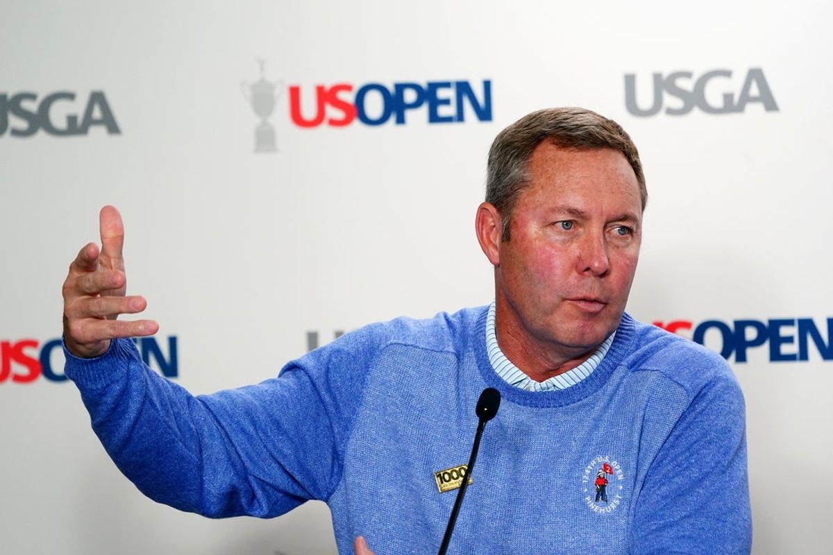Jun 12, 2024; Pinehurst, North Carolina, USA; Chief executive officer Mike Whan with the USGA address the media during a press conference for the U.S. Open golf tournament at Pinehurst No. 2. Mandatory Credit: John David Mercer-Imagn Images