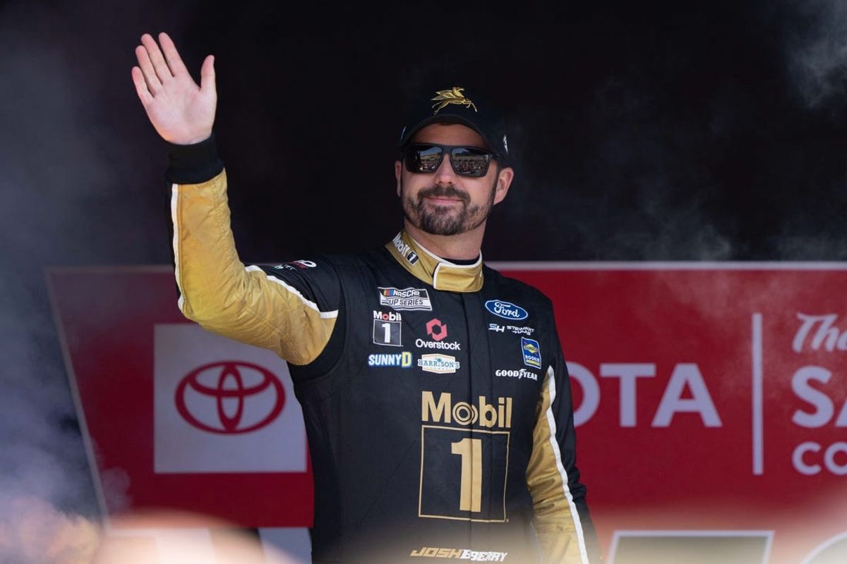 Jun 9, 2024; Sonoma, California, USA;  NASCAR Cup Series driver Josh Berry (4) waves as he gets introduced to fans before the start of the Toyota / Save Mart 350 at Sonoma Raceway. Mandatory Credit: Stan Szeto-USA TODAY Sports