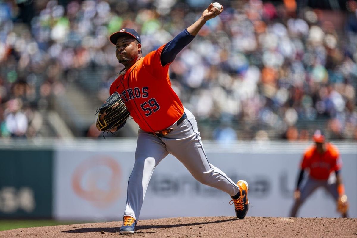 Jun 12, 2024; San Francisco, California, USA;  Houston Astros pitcher Framber Valdez (59) throws a pitch during the first inning against the San Francisco Giants at Oracle Park. Mandatory Credit: Bob Kupbens-USA TODAY Sports