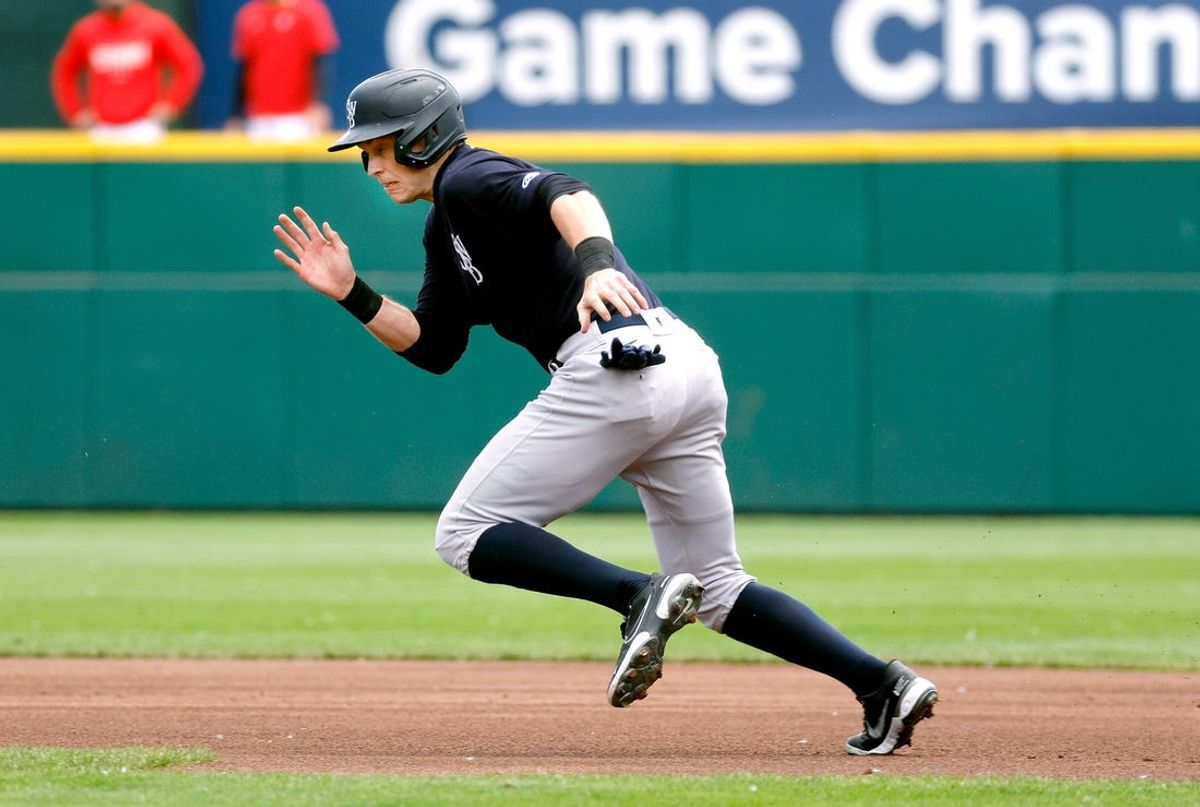 Yankee’s prospect Ben Rice breaks for second against Rochester.