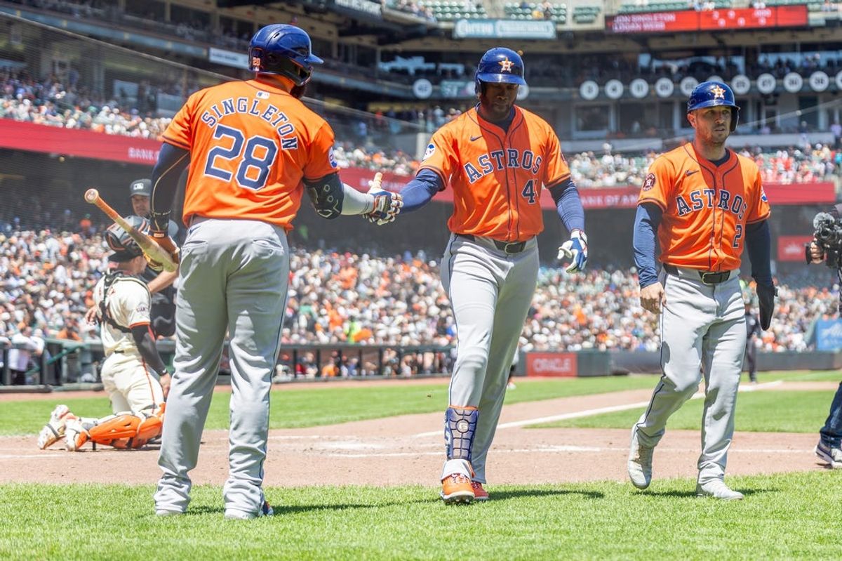 Jun 12, 2024; San Francisco, California, USA;  Houston Astros outfielder Yordan Alvarez (44) celebrates scoring after hitting a 2-run home run during the sixth inning against the San Francisco Giants at Oracle Park. Mandatory Credit: Bob Kupbens-USA TODAY Sports