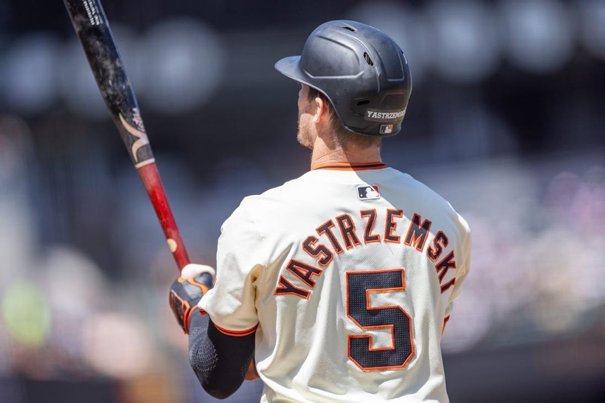 Jun 12, 2024; San Francisco, California, USA;  San Francisco Giants outfielder Mike Yastrzemski (5) up to bat during the eighth inning against the Houston Astros at Oracle Park. Mandatory Credit: Bob Kupbens-USA TODAY Sports