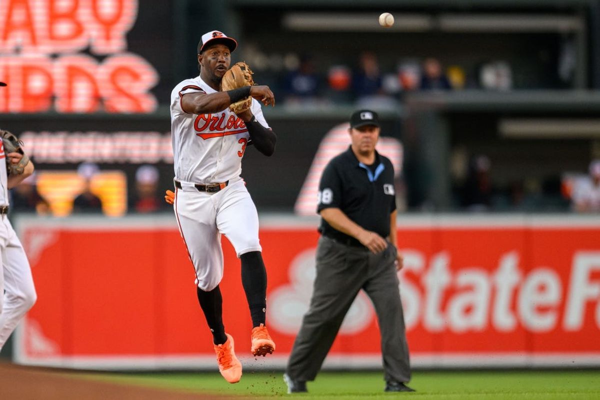 Jun 12, 2024; Baltimore, Maryland, USA; Baltimore Orioles second base Jorge Mateo throws to first base during the third inning against the Atlanta Braves at Oriole Park at Camden Yards. Mandatory Credit: Reggie Hildred-USA TODAY Sports