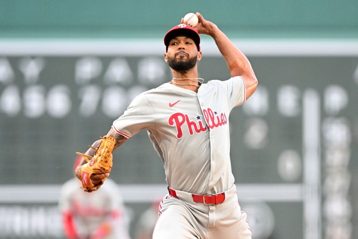 Jun 12, 2024; Boston, Massachusetts, USA; Philadelphia Phillies pitcher Cristopher Sanchez (61) pitches against the Boston Red Sox during the first inning at Fenway Park. Mandatory Credit: Brian Fluharty-USA TODAY Sports