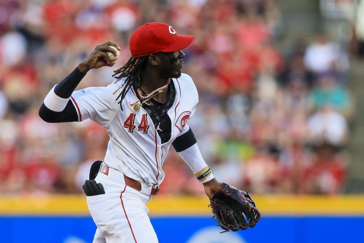 Jun 12, 2024; Cincinnati, Ohio, USA; Cincinnati Reds shortstop Elly De La Cruz (44) throws to first to get Cleveland Guardians second baseman Andres Gimenez (not pictured) out in the third inning at Great American Ball Park. Mandatory Credit: Katie Stratman-USA TODAY Sports