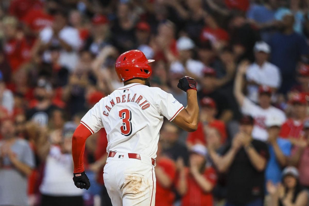 Jun 12, 2024; Cincinnati, Ohio, USA; Cincinnati Reds third baseman Jeimer Candelario (3) reacts after hitting a three-run home run in the sixth inning against the Cleveland Guardians at Great American Ball Park. Mandatory Credit: Katie Stratman-USA TODAY Sports
