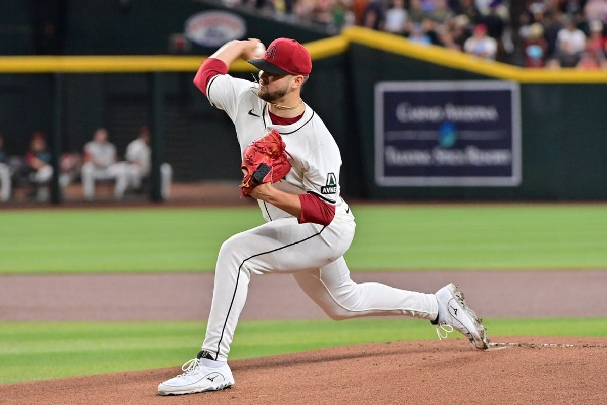 Jun 12, 2024; Phoenix, Arizona, USA; Arizona Diamondbacks pitcher Slade Cecconi (43) throws in the first inning against the Los Angeles Angels at Chase Field. Mandatory Credit: Matt Kartozian-USA TODAY Sports