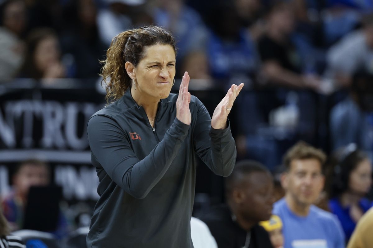 Jun 12, 2024; Chicago, Illinois, USA; Connecticut Sun head coach Stephanie White applauds her team during the first half of a basketball game against the Chicago Sky at Wintrust Arena. Mandatory Credit: Kamil Krzaczynski-USA TODAY Sports