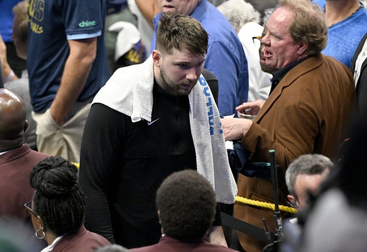Jun 12, 2024; Dallas, Texas, USA; Dallas Mavericks guard Luka Doncic (77) reacts after losing game three of the 2024 NBA Finals to the Boston Celtics at American Airlines Center. Mandatory Credit: Jerome Miron-USA TODAY Sports