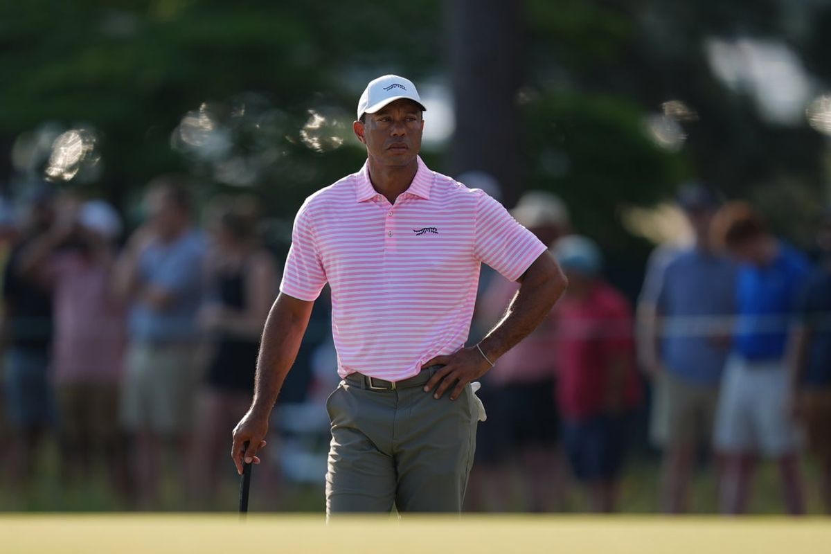 Jun 13, 2024; Pinehurst, North Carolina, USA; Tiger Woods looks on the eleventh green during the first round of the U.S. Open golf tournament. Mandatory Credit: Jim Dedmon-Imagn Images