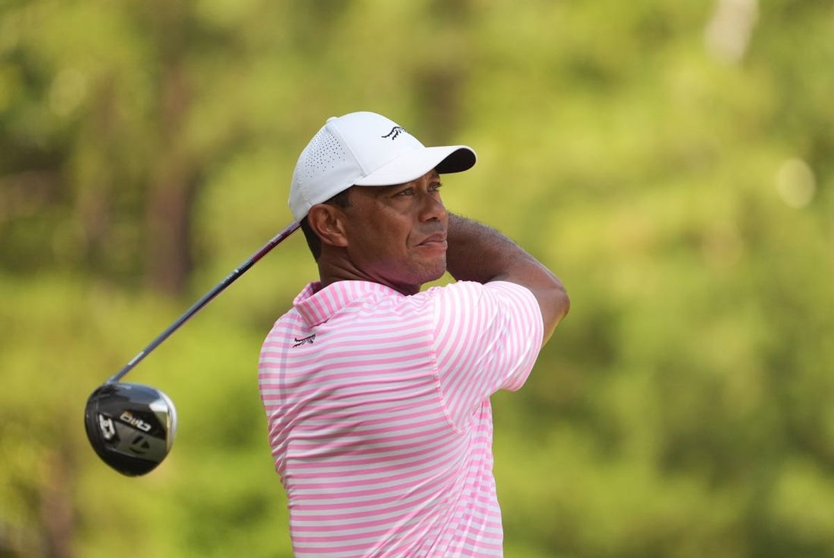 Jun 13, 2024; Pinehurst, North Carolina, USA; Tiger Woods plays his shot from the second tee box during the first round of the U.S. Open golf tournament. Mandatory Credit: John David Mercer-USA TODAY Sports