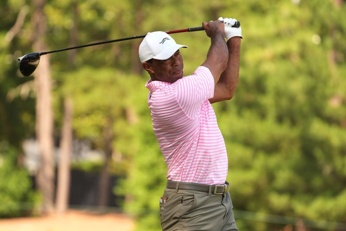 Jun 13, 2024; Pinehurst, North Carolina, USA; Tiger Woods plays his shot from the second tee box during the first round of the U.S. Open golf tournament. Mandatory Credit: John David Mercer-Imagn Images