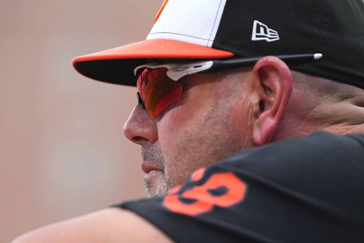 Jun 13, 2024; Baltimore, Maryland, USA; Baltimore Orioles manager Brandon Hyde (18) watches fourth inning action against the Atlanta Braves at Oriole Park at Camden Yards. Mandatory Credit: Mitch Stringer-USA TODAY Sports