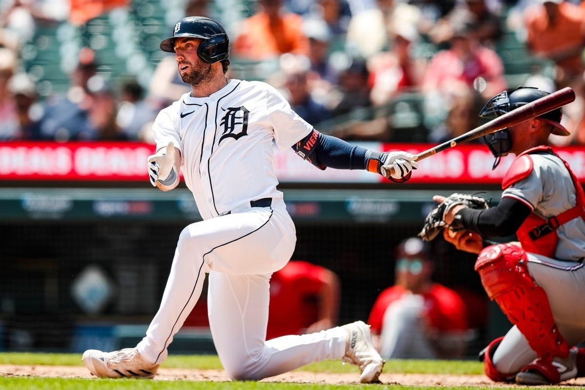 Detroit Tigers center field Matt Vierling (8) bats against Washington Nationals during the fifth inning at Comerica Park in Detroit on Thursday, June 13, 2024.