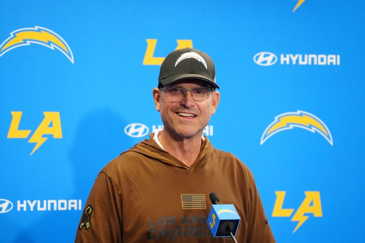 Jun 13, 2024; Costa Mesa, CA, USA; Los Angeles Chargers head coach Jim Harbaugh at a press conference during minicamp at the Hoag Performance Center.  Mandatory Credit: Kirby Lee-USA TODAY Sports