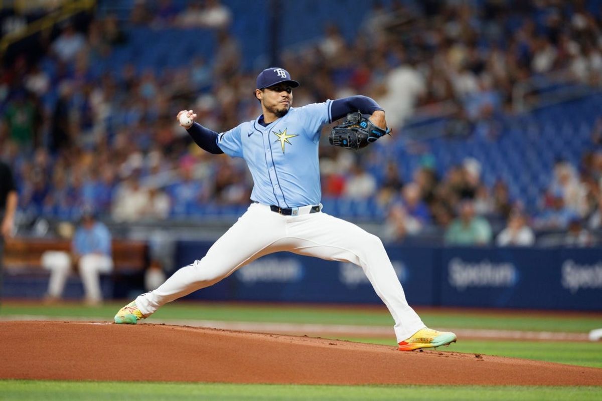 Jun 13, 2024; St. Petersburg, Florida, USA;  Tampa Bay Rays pitcher Taj Bradley (45) throws a pitch against the Chicago Cubs in the first inning at Tropicana Field. Mandatory Credit: Nathan Ray Seebeck-USA TODAY Sports