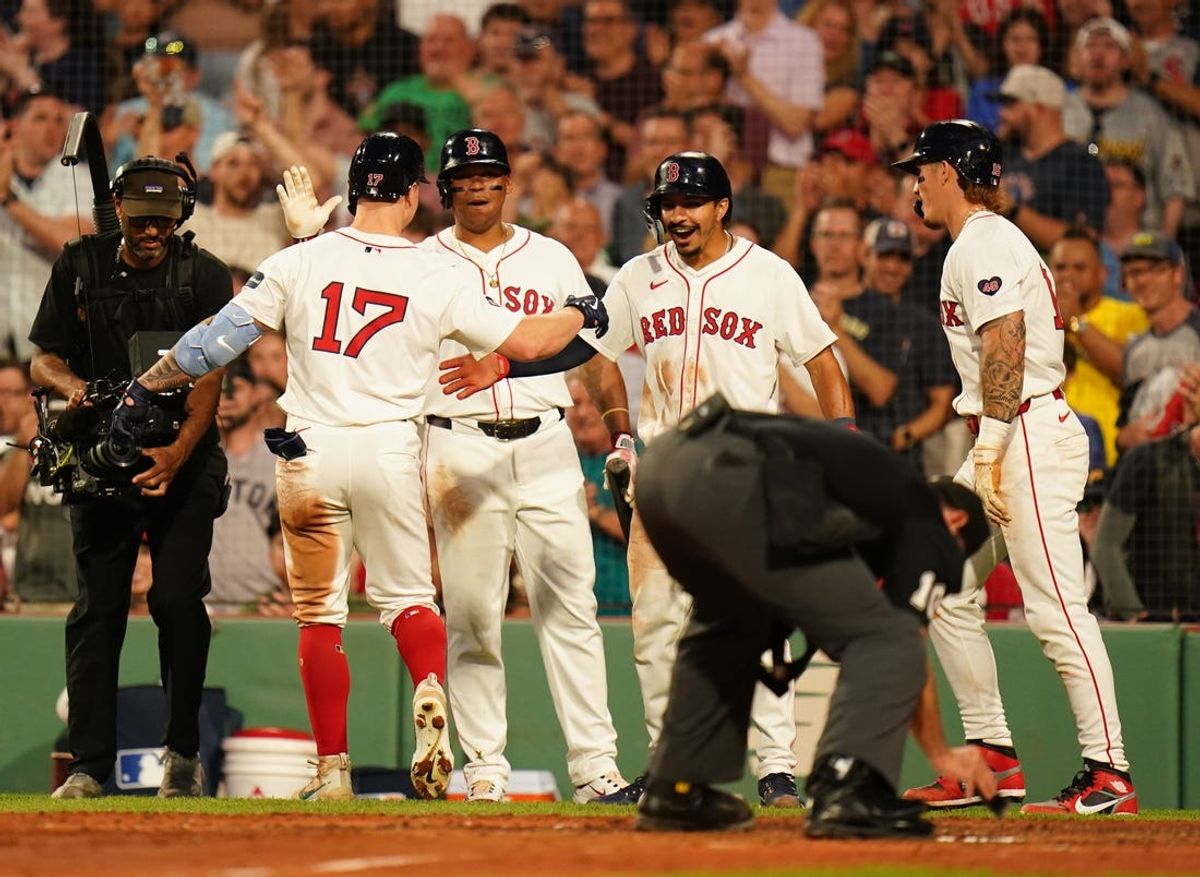 Jun 13, 2024; Boston, Massachusetts, USA; Boston Red Sox right fielder Tyler O'Neill (17) reacts with teammates after hitting a three run home run against the Philadelphia Phillies in the fourth inning at Fenway Park. Mandatory Credit: David Butler II-USA TODAY Sports