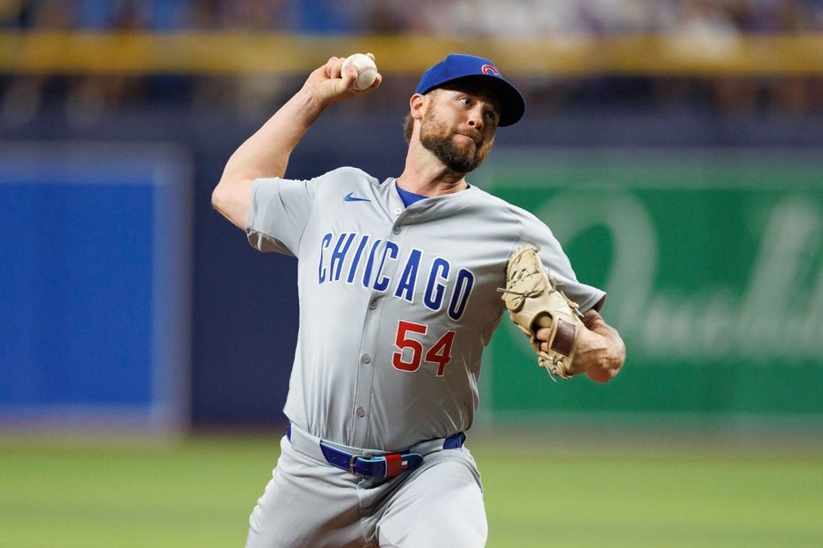 Jun 13, 2024; St. Petersburg, Florida, USA;  Chicago Cubs pitcher Colten Brewer (54) throws a pitch against the Tampa Bay Rays in the eighth inning at Tropicana Field. Mandatory Credit: Nathan Ray Seebeck-USA TODAY Sports