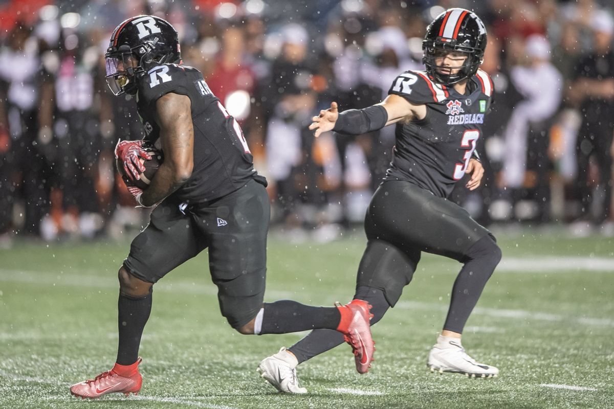 Jun 13, 2024; Ottawa, Ontario, CAN; Ottawa REDBLACKS running back Ryquell Armtead (25) runs the ball after a handoff by quarterback Dru Brown (3) in the second half against the Winnipeg Blue Bombers at TD Place. Mandatory Credit: Marc DesRosiers-USA TODAY Sports