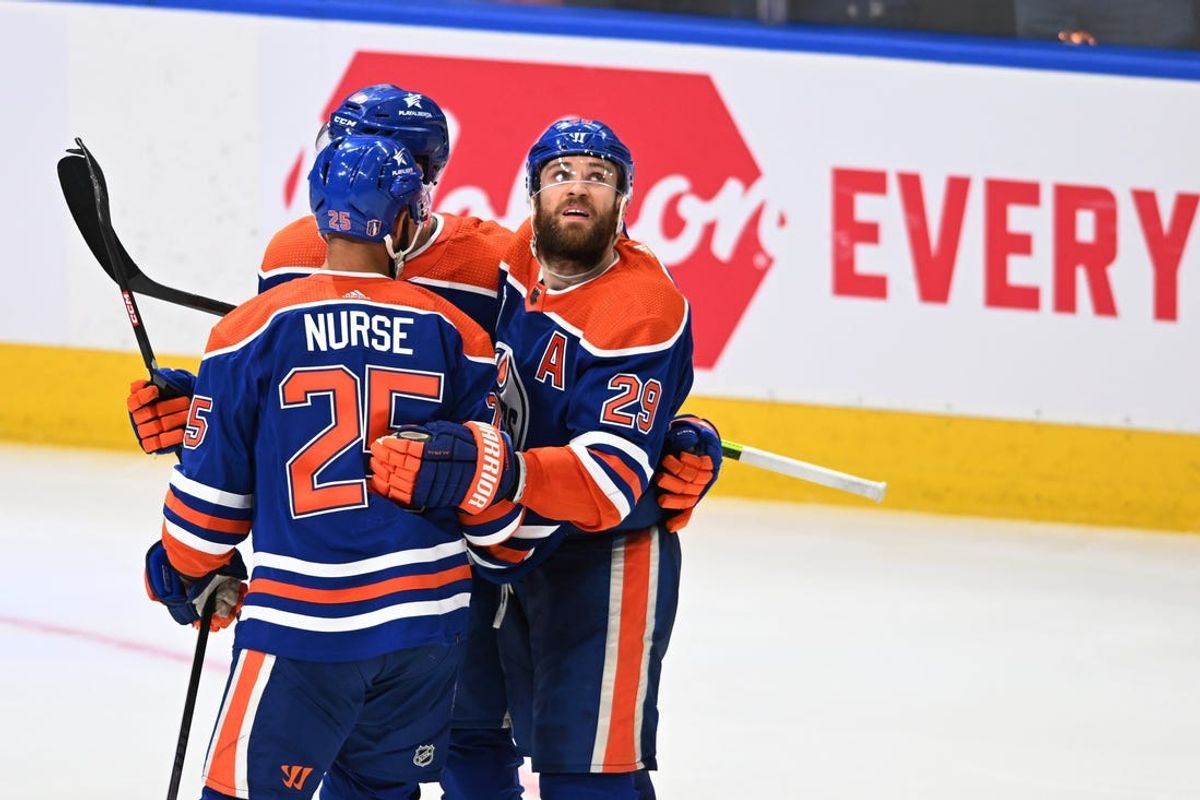 Jun 13, 2024; Edmonton, Alberta, CAN; Edmonton Oilers defenseman Philip Broberg (86) celebrates a goal with teammates in the third period against the Florida Panthers in game three of the 2024 Stanley Cup Final at Rogers Place. Mandatory Credit: Walter Tychnowicz-USA TODAY Sports