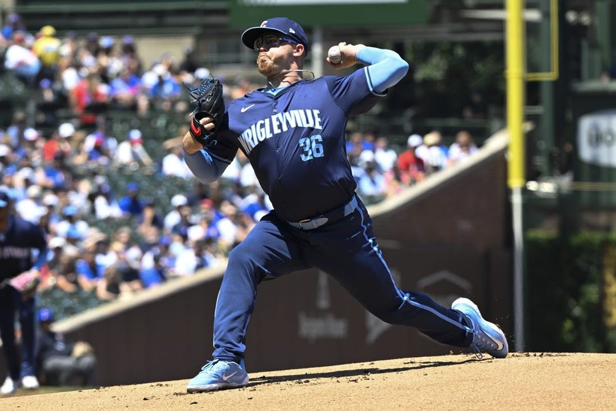 Jun 14, 2024; Chicago, Illinois, USA;  Chicago Cubs pitcher Jordan Wicks (36) delivers against the St. Louis Cardinals during the first inning at Wrigley Field. Mandatory Credit: Matt Marton-USA TODAY Sports